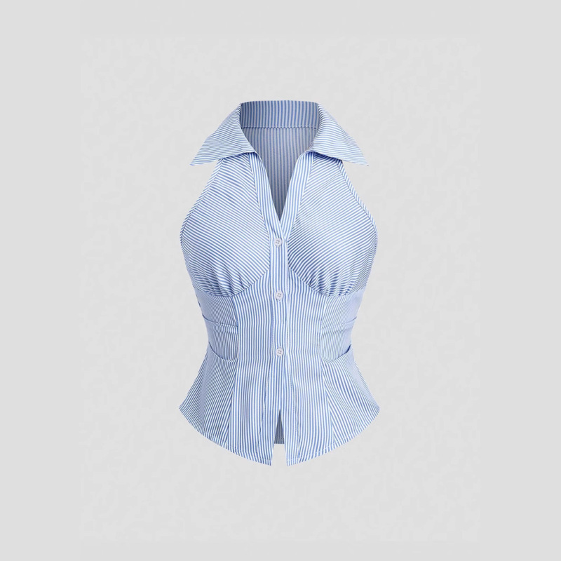 European and American Amazon Women's Fashionable Summer Boutique Casual Sexy Sleeveless Blue Striped Outer Collar Shirt