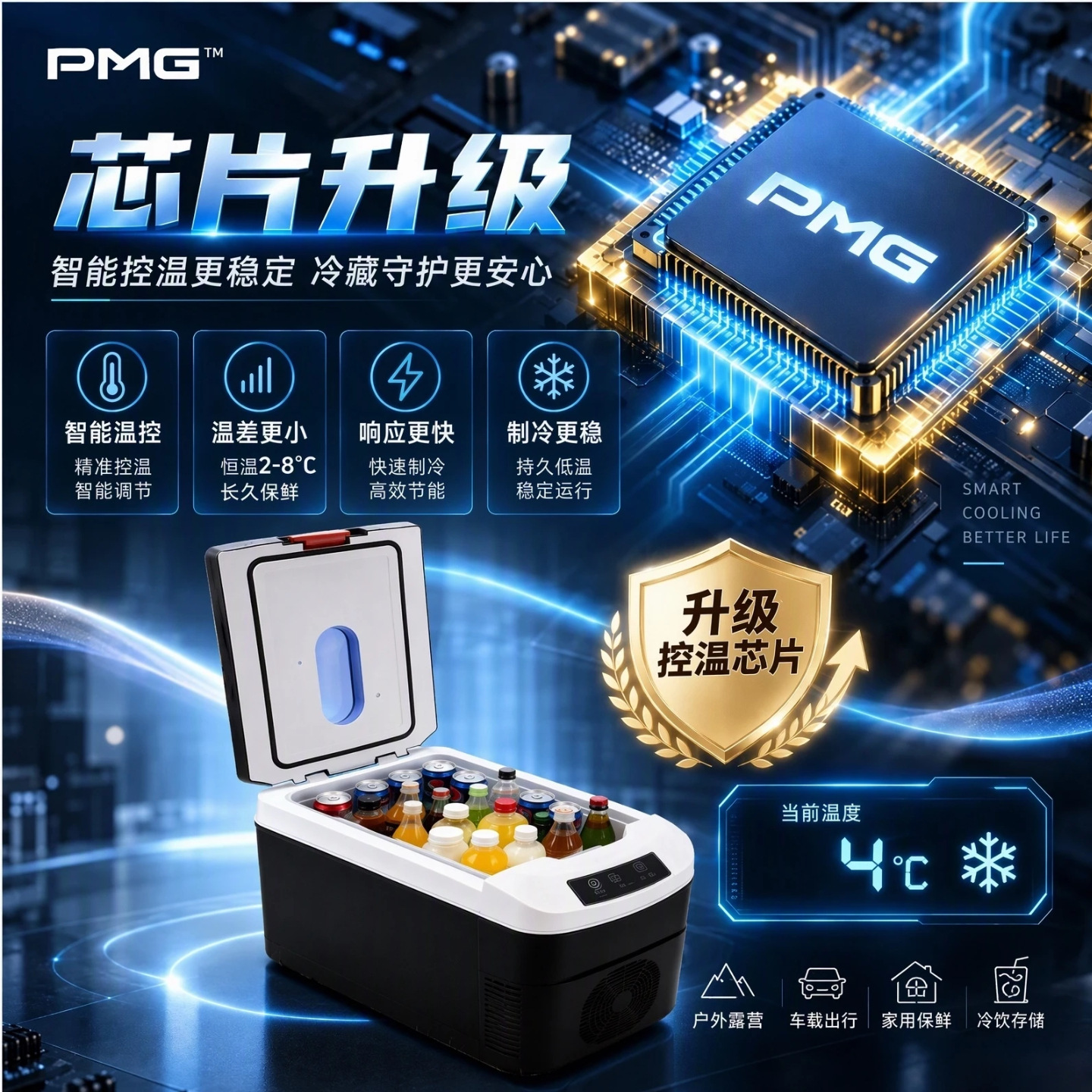 PMG car-mounted mini refrigerator for both car and home use, 12v/24v/220v, with cooling, heating, and temperature control functions
