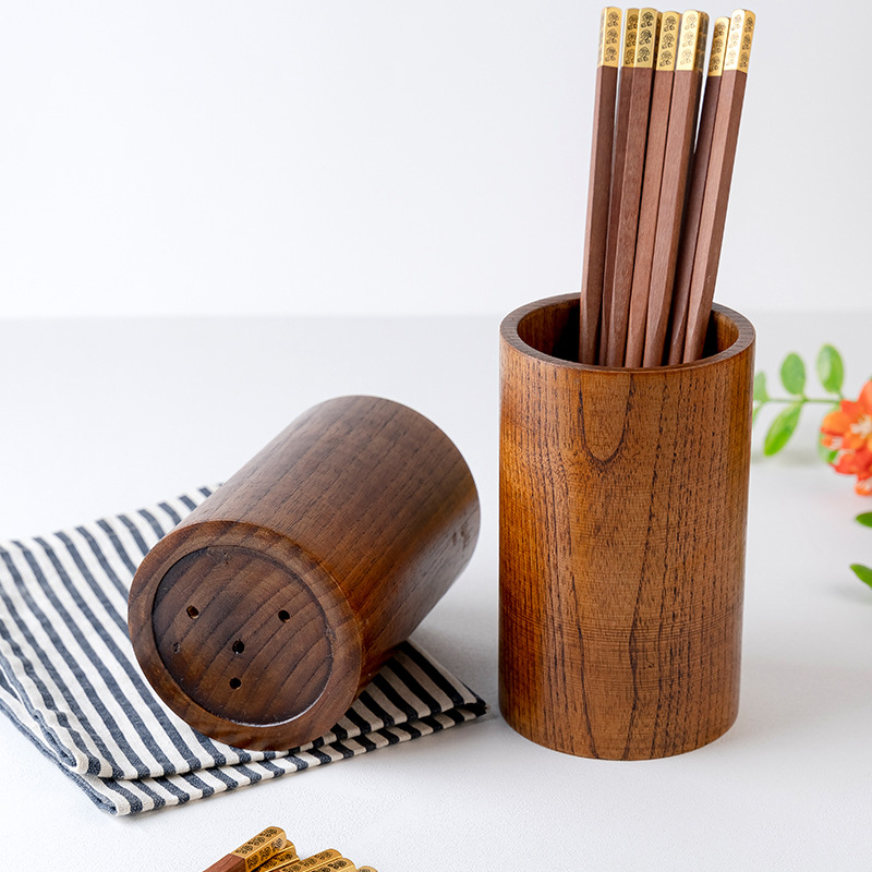 Acacia Wood Japanese Chopstick Holder Round Wooden Household Kitchen Simple Tableware Storage Drainage Pen Holder Wholesale 