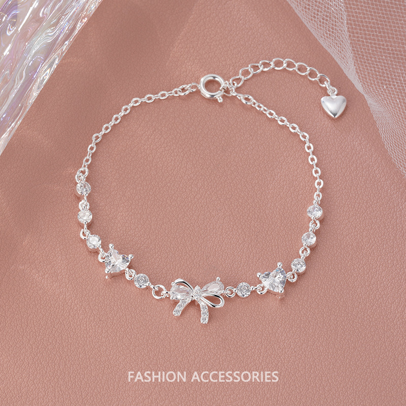 화이트 다이아몬드 리본 하트 팔찌 실버