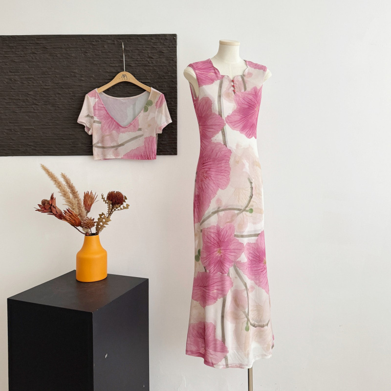 Yu Jiao French-Style Printed Mesh Cheongsam Dress for Women, Slim-Fit Elegant Fishtail Long Dress