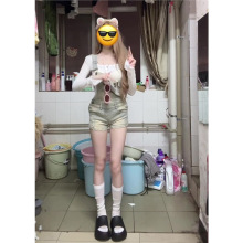 甜辣妹防晒镂空长袖上衣套装女夏美式水洗复古做旧破洞牛仔背带裤