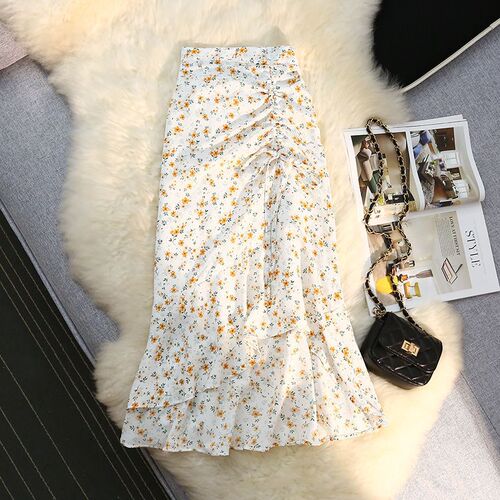 2025 fresh floral chiffon skirt for women autumn and summer new style design niche mid-length dress irregular fishtail skirt
