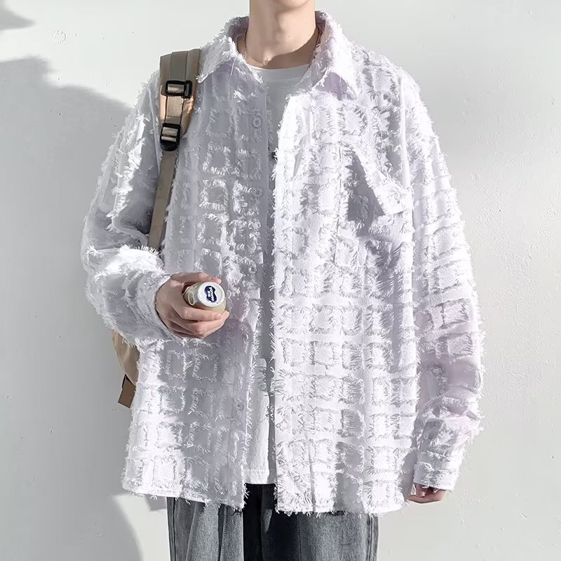 Tassel Plaid Long-sleeved Shirt Men's Spring and Autumn New Fashionable Brand Pluck Handsome Shirt American Style Retro Design Sense Jacket Coat Tassel Plaid Long-sleeved Shirt Men's Spring and Autumn New Fashionable Brand Pluck Handsome Shirt American Style Retro Design Sense Jacket Coat