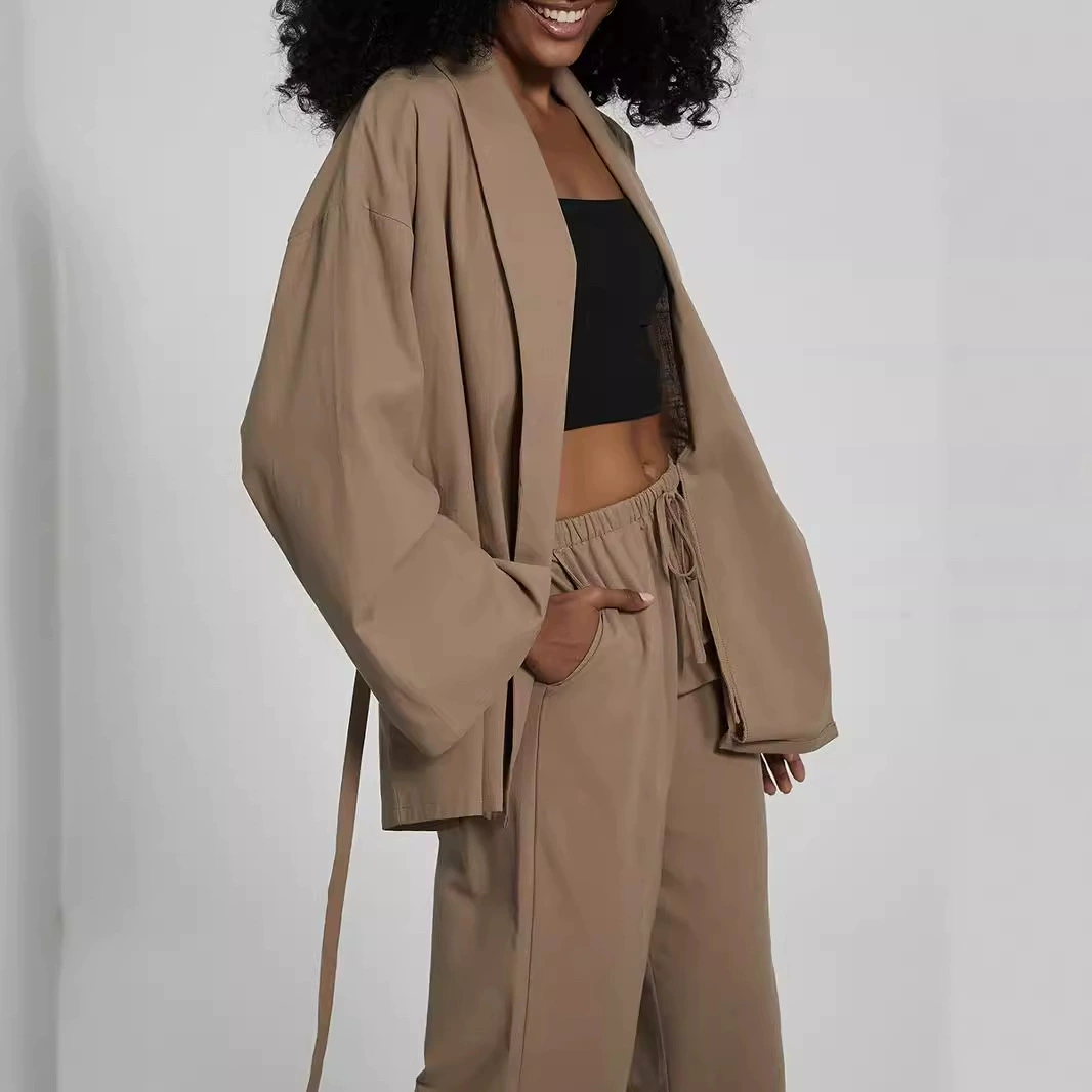 Трансграничная женская одежда оптом европейский и американский стиль моды повседневный набор весна и осень кимоно шнуровка пижамы брюки ветер