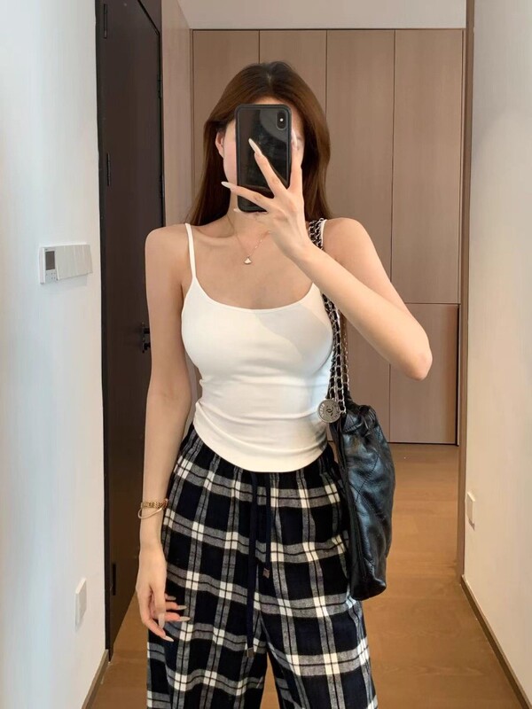 AY94 3D立体模杯胸垫一体超弹力细肩带辣妹蝴蝶结露背吊带背心|undefined