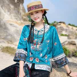 重工刺绣缎面提花外套女2026秋季立领盘扣七分袖太太服民族风上衣