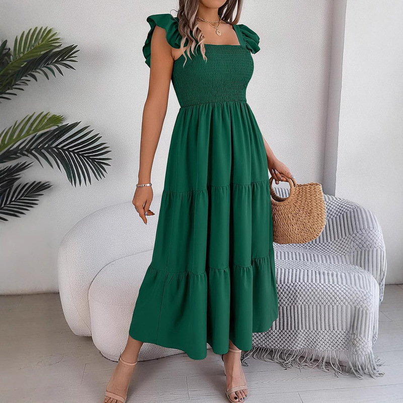 Summer 2025 Casual Women's Sleeveless Midi Dress with Pleats, Long Layered Elegant European and American Style