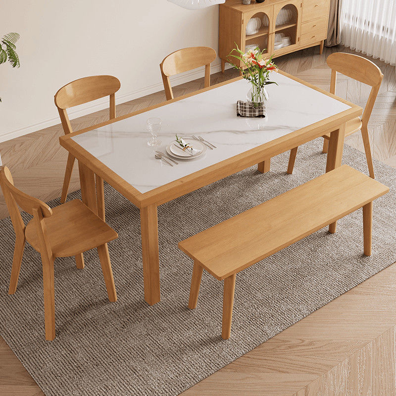 Living Room Modern Simple New Chinese Rectangular Dining Table and Chair Combination Solid Wood Rock Board Dining Table for Small Apartment Household