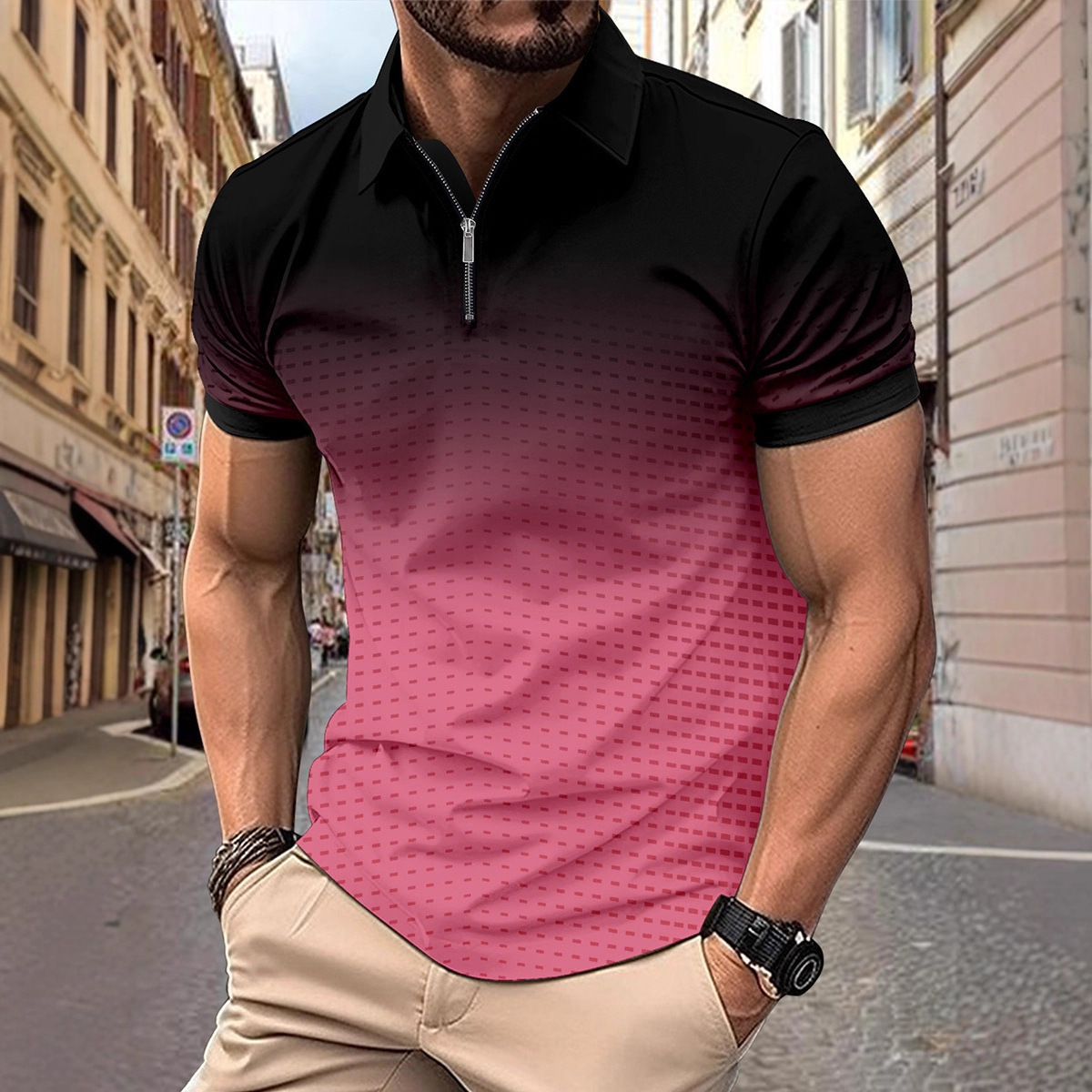 Independent Site Amazon Cross-Border Fashion Zipper Polo Shirt for Men Casual 3D Printed Geometric Pattern Comfortable Turn-Down Collar