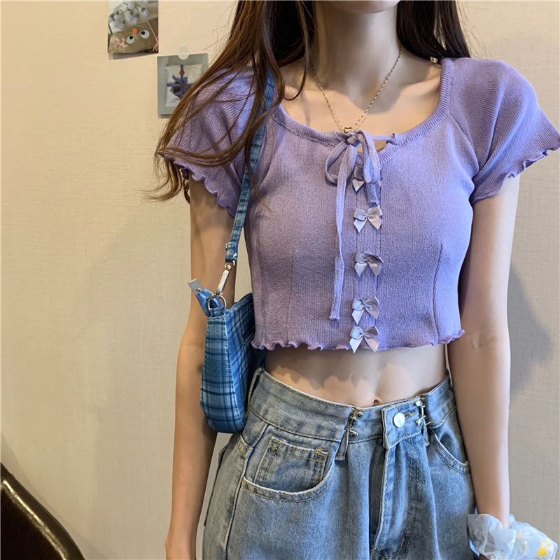 Cross-border, summer Korean-style lace-up short exposed umbilical T-shirt Chic slim cute bow short-sleeved sweater for women