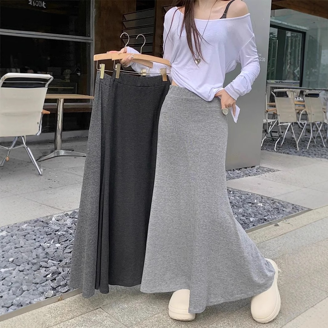 糯米溜溜布慵懒灰色松紧高腰半身裙女简约垂感鱼尾半身裙休闲长裙