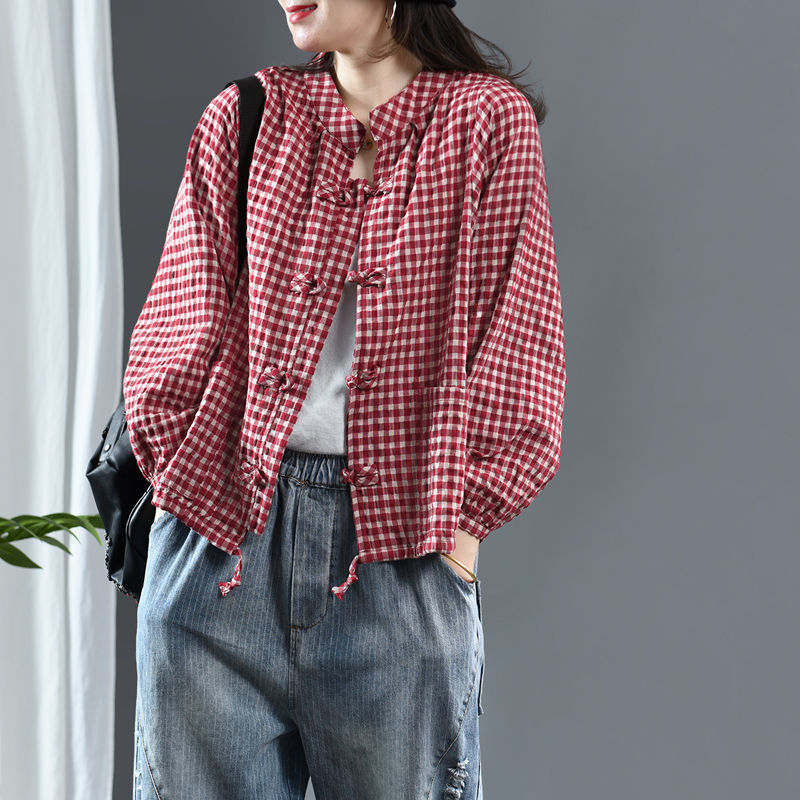 Spring 2025 New Vintage Buckle Plaid Cotton and Linen Cardigan Drawstring Plaid Top Jacket Women's Shirt Spring 2025 New Vintage Buckle Plaid Cotton and Linen Cardigan Drawstring Plaid Top Jacket Women's Shirt
