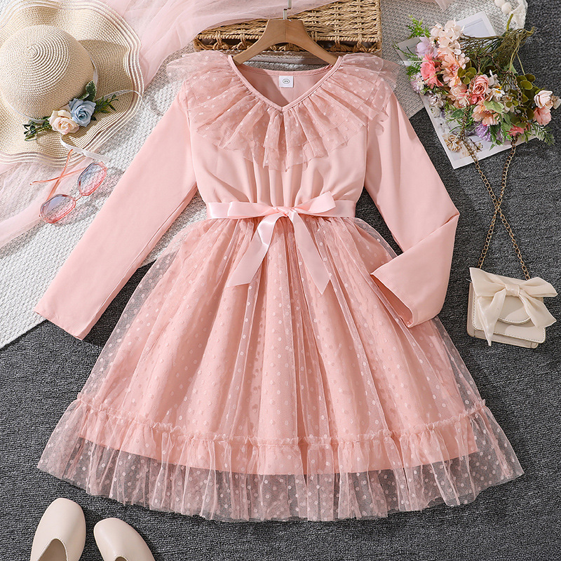 Robe fille à manches longues et dentelle pour la mi-saison_voghion.com