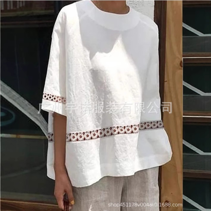 Amazon deseo AliExpress 2023 nuevas mujeres europeas y americanas de algodón Lino encaje costura camisa casual