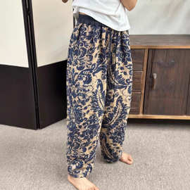 2025秋季新款复古风印花雨露亚麻休闲裤女撞色腰头九分裤哈伦裤子