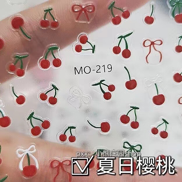 2024 net red explosions crystal diamond cherry nail stickers wine red cherry 5D three-dimensional relief nail stickers wholesale