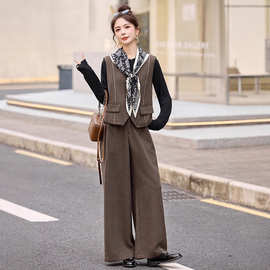 早秋穿搭显瘦套装女2025新款丝巾马甲时尚气质休闲阔腿裤四件套