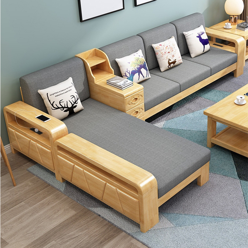 Solid Wood Sofa Set&mdash;Modern New Chinese Style Living Room Small Apartment Wooden Chaise Corner Fabric Sofa Furniture Set