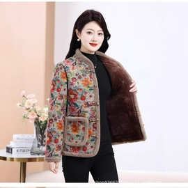 冬季新款妈妈加绒加厚棉衣棉服中老年保暖碎花中式盘扣外套棉袄