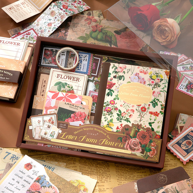 Retro natural imprint series warm hand account gift box ins flower romantic English sticker material suit cross-border