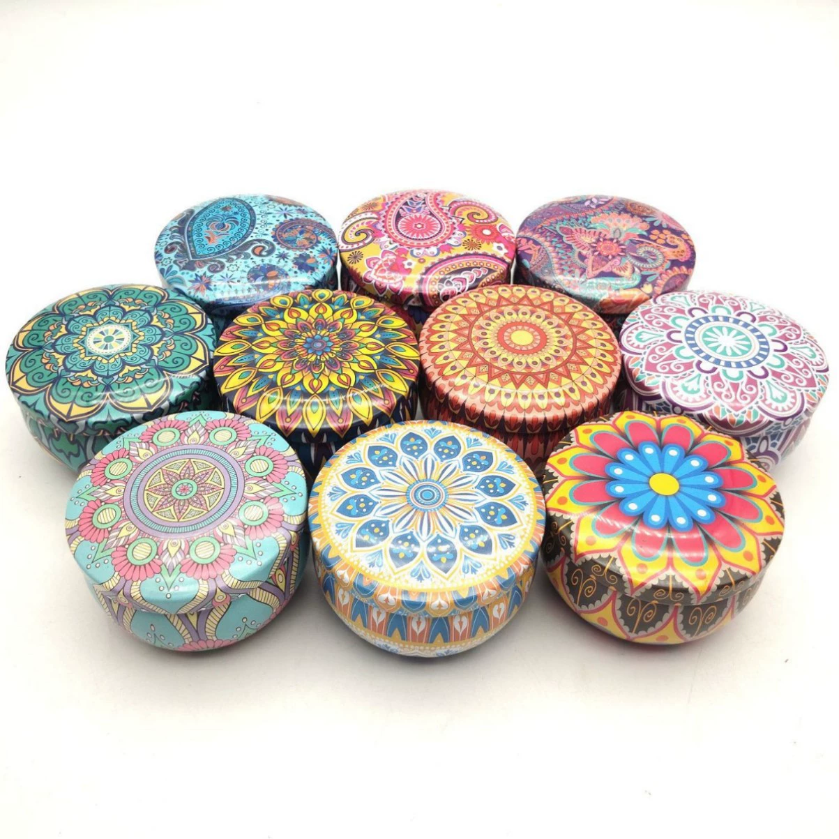 Aromatherapy candle tin, 2 oz, retro ethnic patterned tin, pear scent