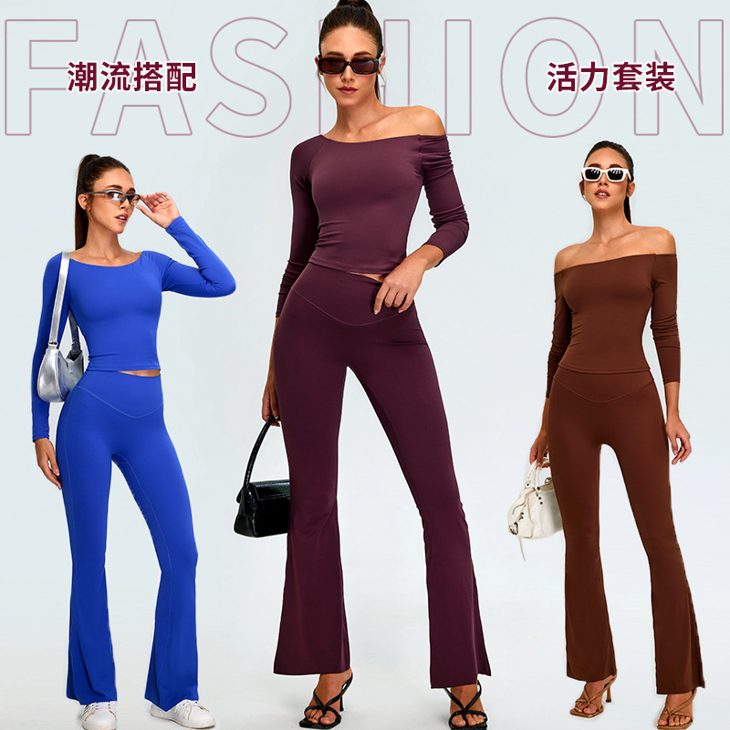 Otoño y invierno nuevo tipo de hombro delgado y delgado manga larga set de ropa de yoga de piernas anchas de mujer micro trajes deportivos al aire libre set de fitness