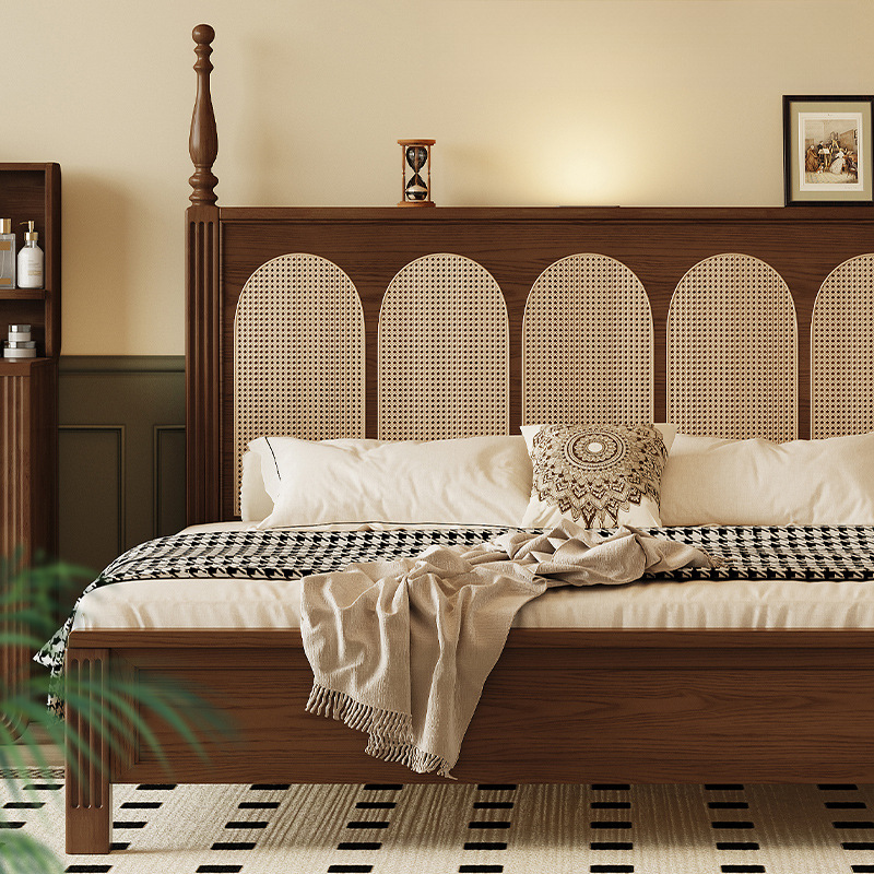 All Solid Wood Bed French Retro Master Bedroom Antique American House New Chinoiserie Rattan Bed Meter 8 Double Scandinavian