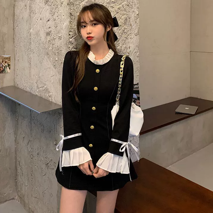 Трансграничное 2025 весеннее и осеннее маленькое ароматное платье сладкое тонкое тонкое и тонкое чувство дизайна однобортное шикарное маленькое черное платье