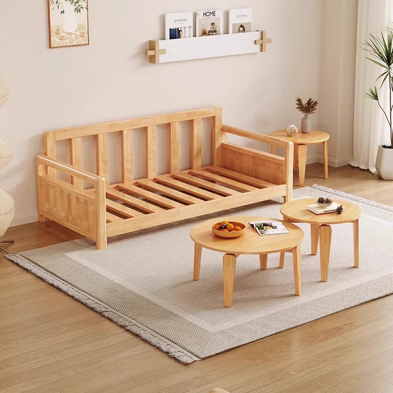 Sofá de madera sólida estilo nórdico japonés sala de estar pequeño moderno simple tela de madera de madera de estilo crema sofá de madera sólida