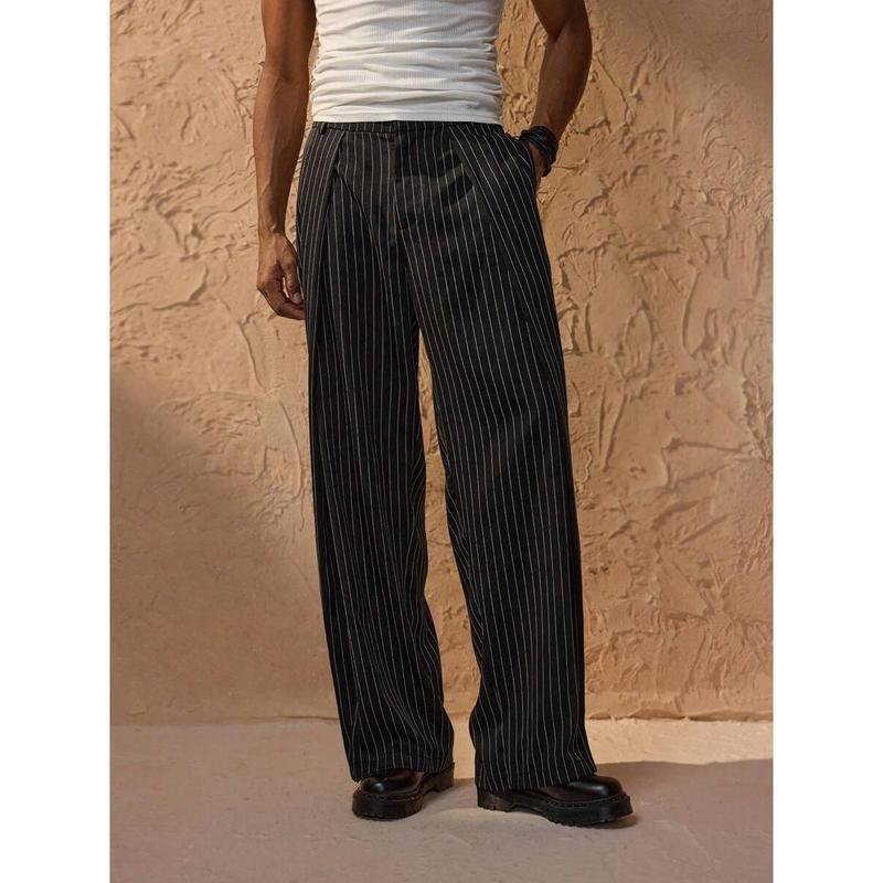 2025 New Cross-Border Dropshipping Men's Casual Black Pinstripe Wide-Leg Straight Pants Fabric