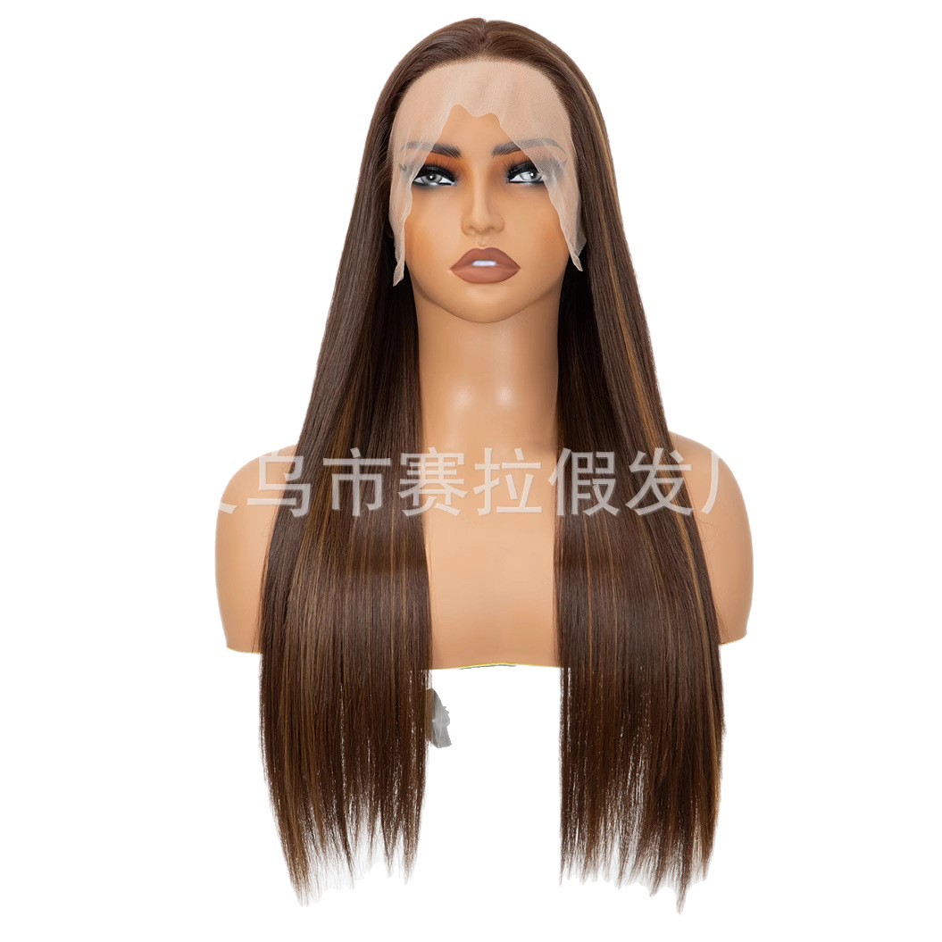 Venta directa de fábrica, peluca sintética con frente de encaje, estilo europeo y americano, cabello largo y liso para mujer, peluca realista, comercio exterior transfronterizo de Amazon