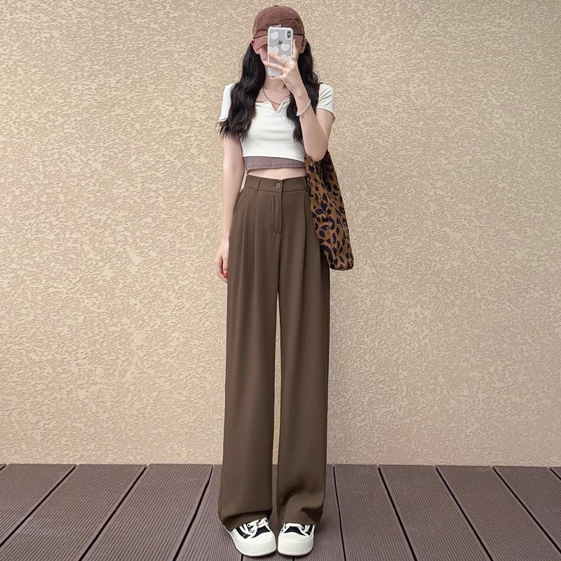 定制跨境垂感西装裤女夏季2025新款高腰显瘦宽窄休闲直筒冰丝阔腿|undefined