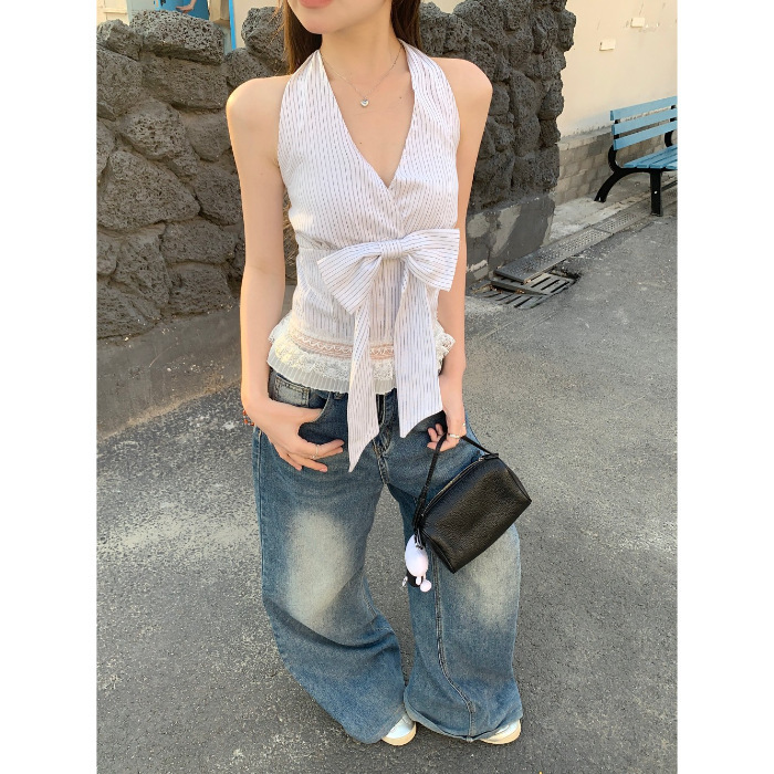 フレンチ V ネックボウストライプホルターネックキャミソール女性の夏のホットガールインナーウェアショートトップシェニール|undefined