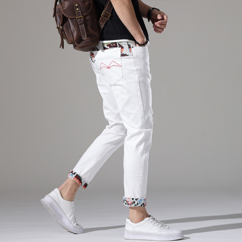 brand embroidered denim jeans for men in summer, thin Korean version, trendy casual, slim fit, small foot_voghion.com