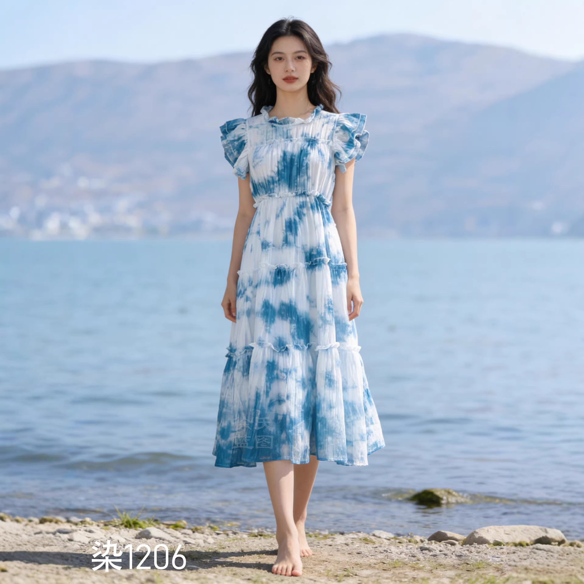 다리 수제 타이 염색 민족 스타일 드레스 여름 여행 휴가 예술적 청색 염색 허리 플라잉 슬리브 비치 드레스