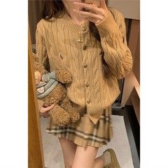 刺绣学院风设计感麻花针织开衫外套韩系纯色百搭圆领绞花毛衣女