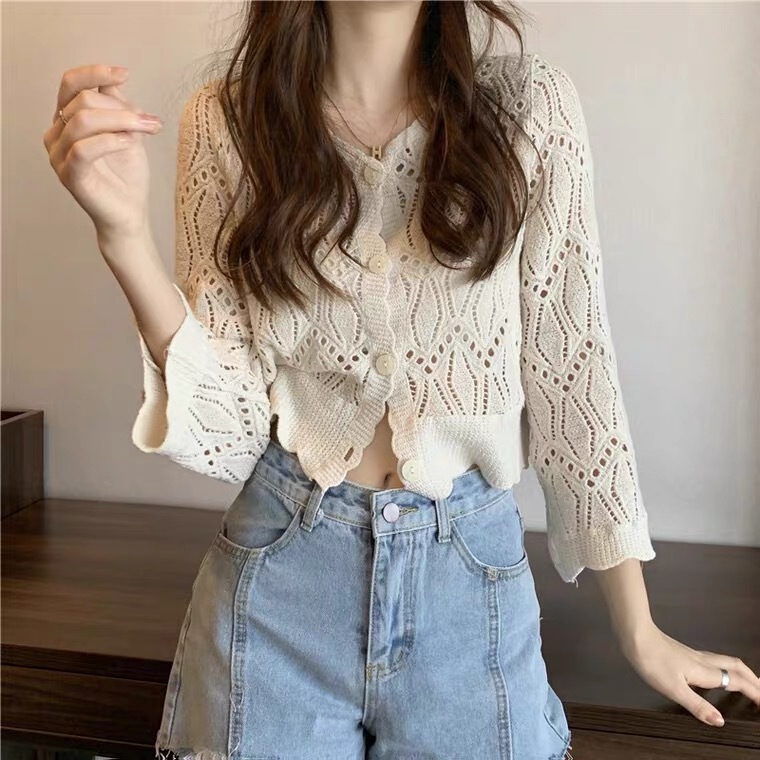 Hollow Knitted Chanel Style Sunscreen Cardigan Thin Women's Spring and Autumn Loose Outer Air Conditioning Blouse Short Long-sleeved Top