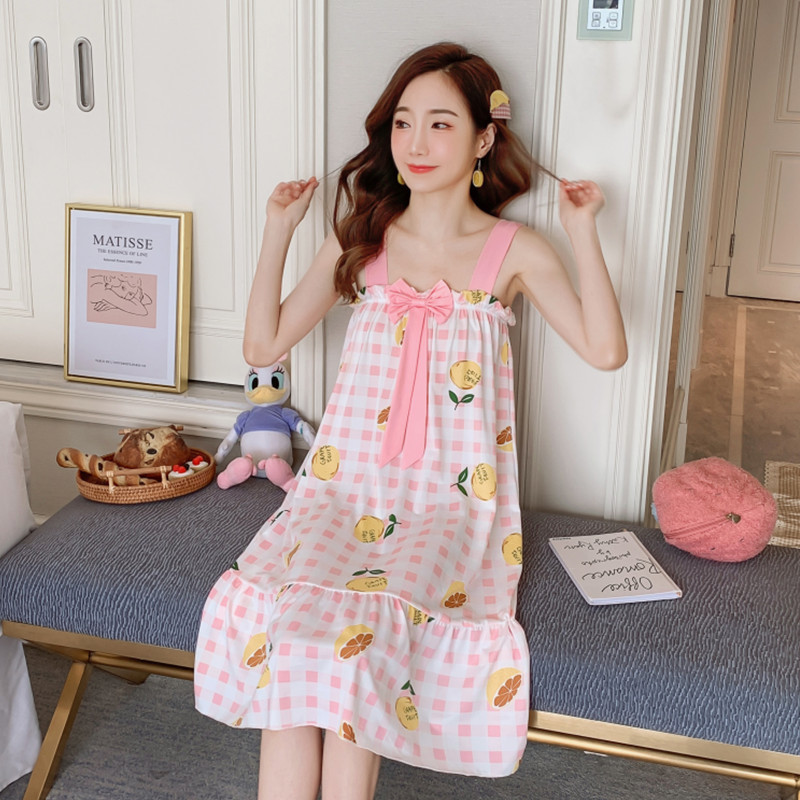 Comercio exterior 2023 correa de verano flojo camisón las mujeres largas dibujos animados arco dulce pijamas desgaste del hogar