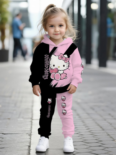 2-piece Hello Kitty girl pink and black color matching trendy digital print design set, including hooded guards