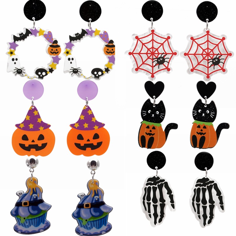 Europeo y americano de Halloween acrílico araña Palma pendientes personalizado gato calabaza dibujos animados pendientes joyería de vacaciones