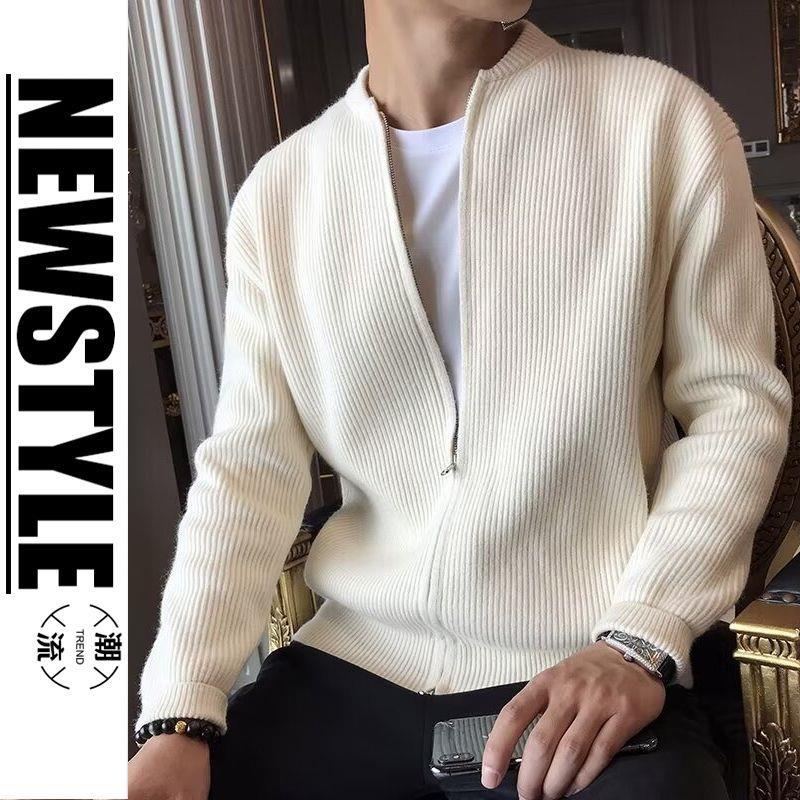 Cross-border men's cardigan sweater, autumn and winter Korean style trendy solid color round neck zip-up coat, thickened casual knitwear