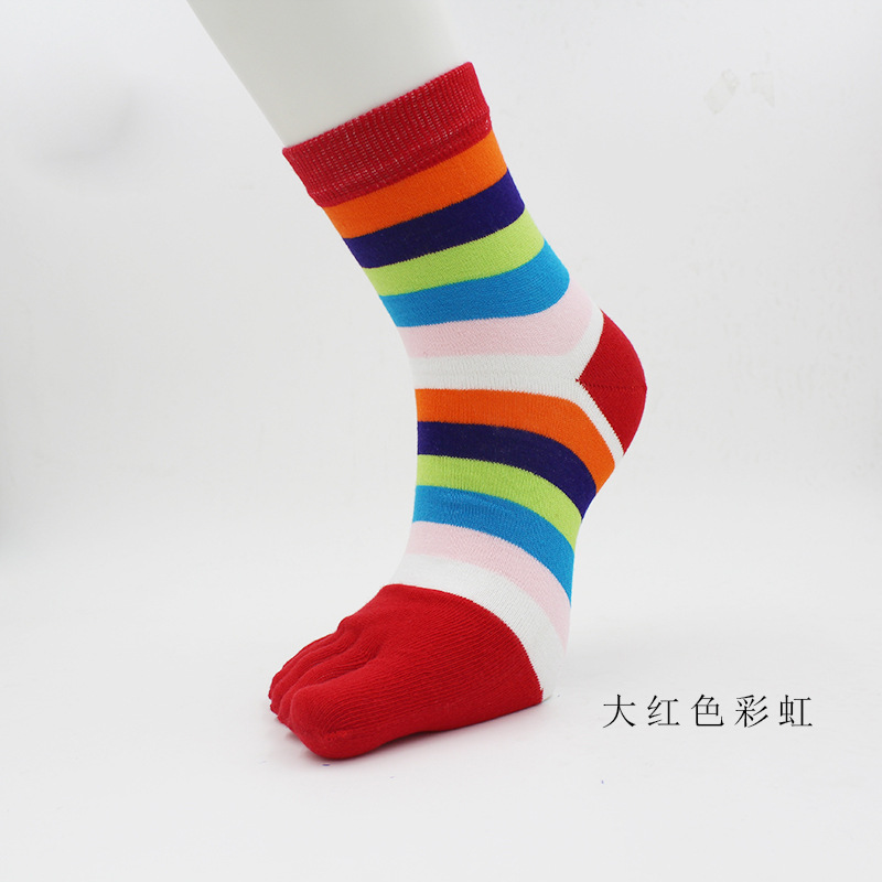 Calcetines de cinco dedos calcetines de algodón de rayas coloridas de mujer Calcetines de algodón peinado Four Seasons dulce medio grueso mediados de la pantorrilla calcetines transpirables absorbentes del dedo del pie calcetines del arco iris