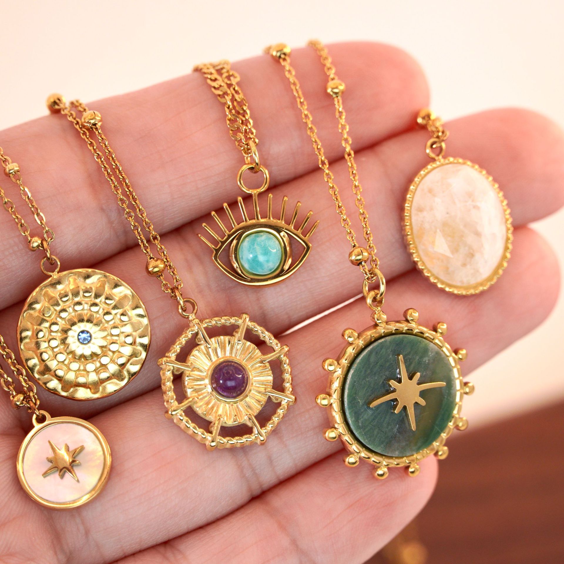 Holiday, Street Occasion Titanium Steel Material Wholesale Commute Eye Titanium Steel Inlay Turquoise Pendant Necklace