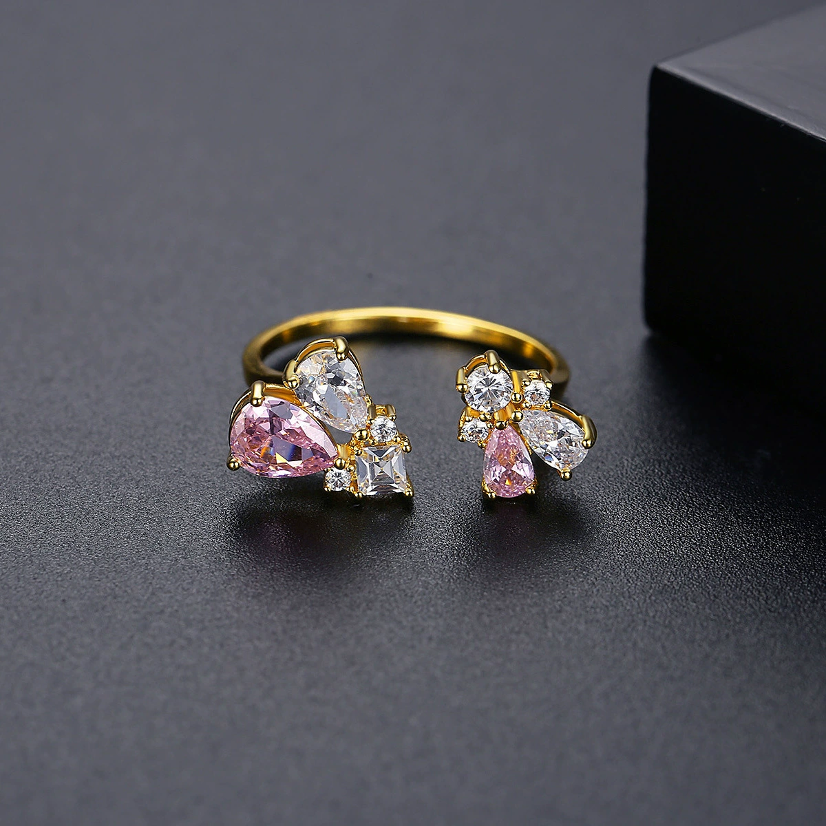 Copper Adjustable Ring, Zirconia Flower Accent, One Size Open Band, 750 Gold Color