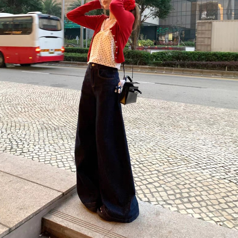 Kong Zhenfan Vintage Shop ワイドレッグジーンズ レディース 春新作 ハイウエスト レトロ ルーズパンツ|undefined