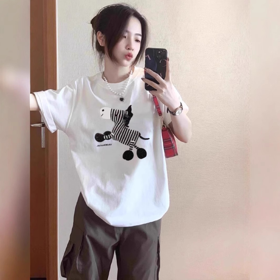 Pure Cotton American Short-sleeved T-shirt Women's Spring and Summer Loose plus size Half-sleeved Niche Design Sense Casual Couple Top