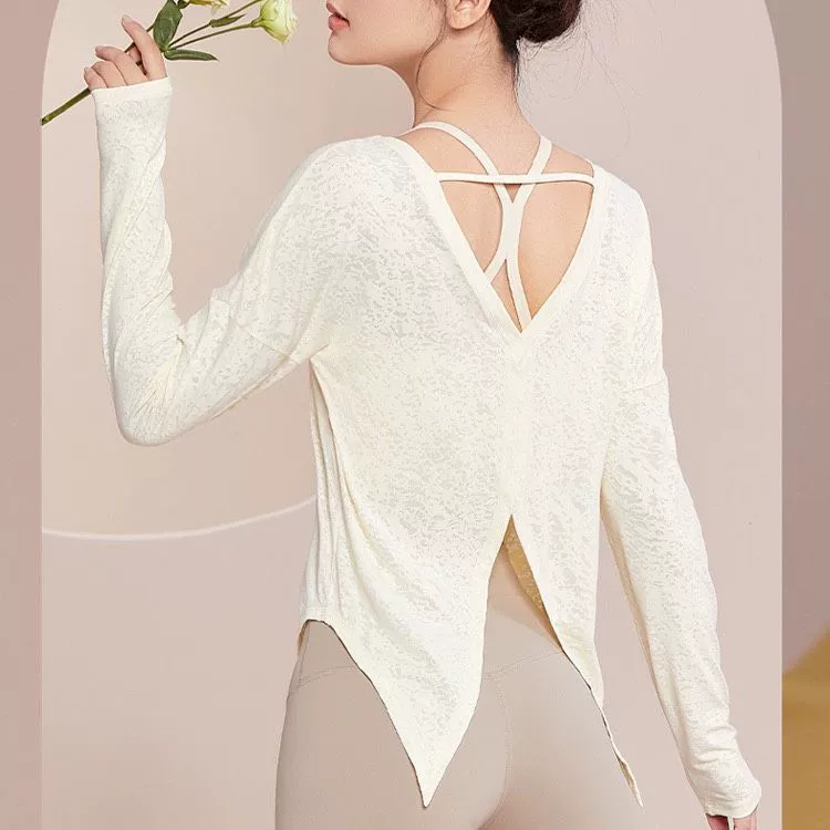 Костюм для йоги с длинными рукавами рубашка женский фитнес-пилатес дышащий быстрый сухой спорт большой размер свободная блузка 2023 новый