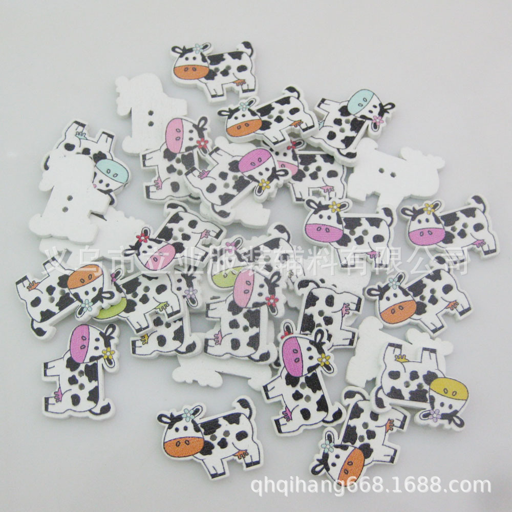 混色卡通动物款彩绘母牛木头纽扣童装服饰木头扣鞋子配件小木扣