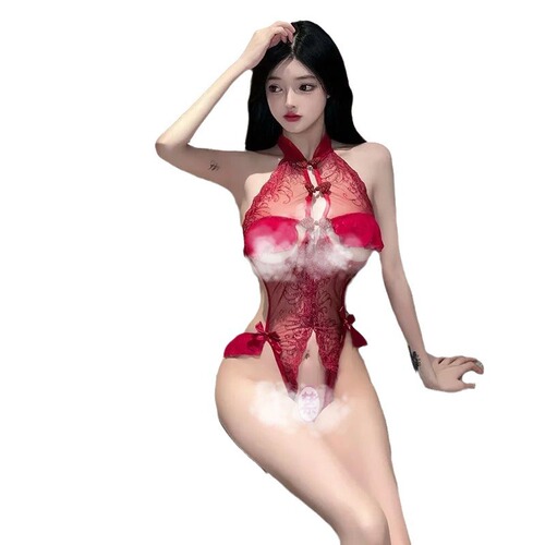 Straw Girl New Sexy Underwear Sexy Cheongsam Lace Gathered Pajamas Front Opening Nightgown Women Pure Desire 1289